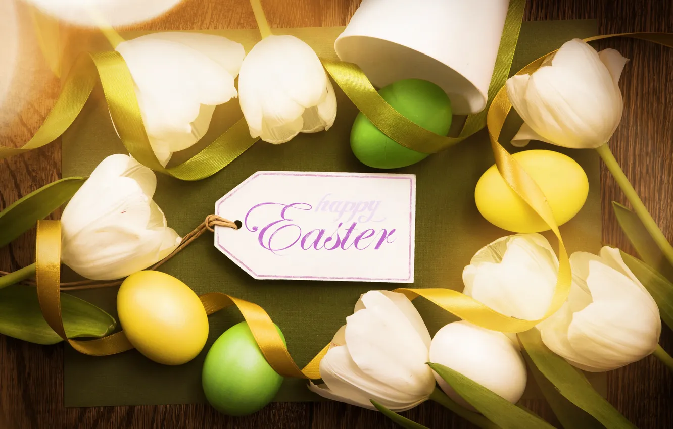 Photo wallpaper Easter, tulips, wood, tulips, spring, Easter, eggs, decoration