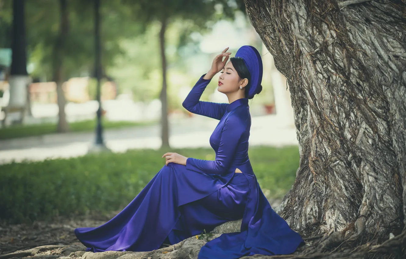 Photo wallpaper girl, nature, Asian, sitting, blue