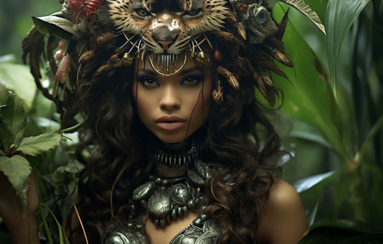 Photo wallpaper girl, decoration, thickets, brunette, savage, AI art, the face of the beast, neural network