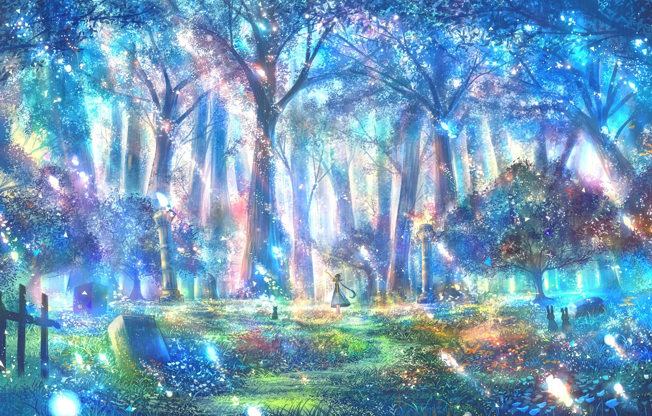 Photo wallpaper forest, cat, girl, fantasy