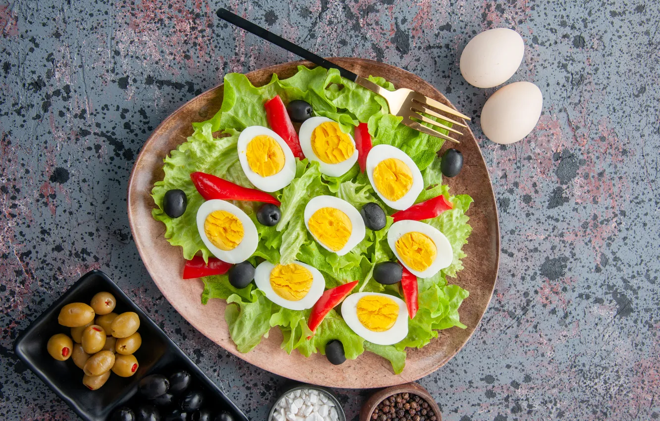 Photo wallpaper table, food, eggs, plate, pepper, plug, vegetables, olives