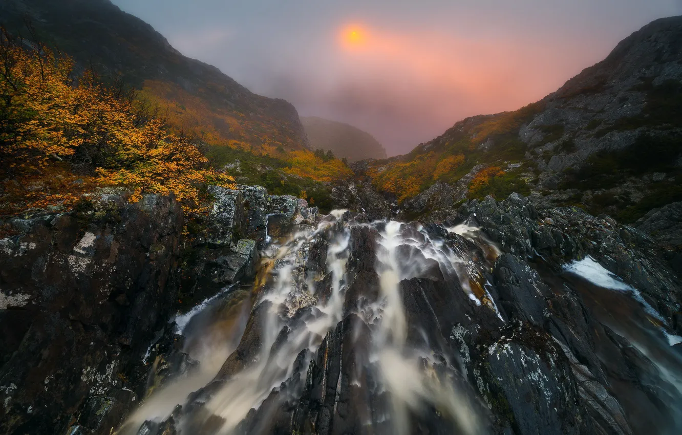 Photo wallpaper mountains, fog, river, waterfall