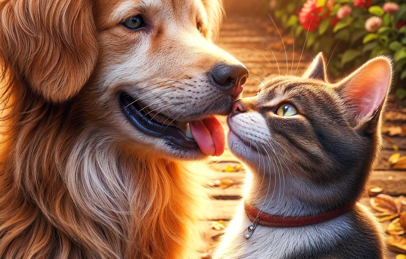 Photo wallpaper cat, cat, look, pose, each, dog, face, a couple