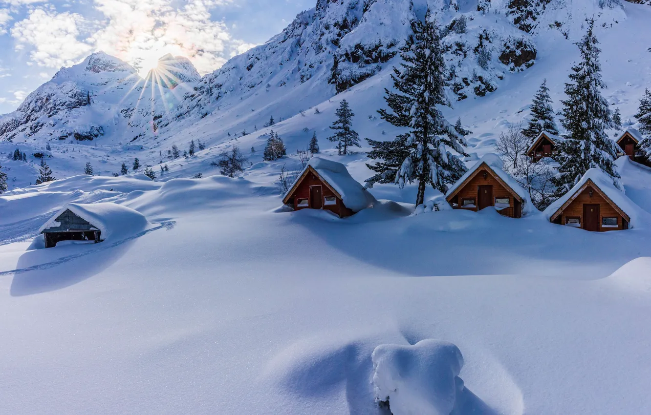 Photo wallpaper winter, snow, mountains, ate, hut, the snow, houses, Bulgaria