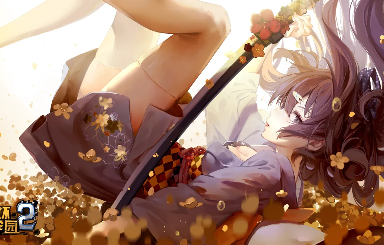 Photo wallpaper girl, flowers, sword, by miHoYo, Mei Raiden, Houkai Gakuen 2