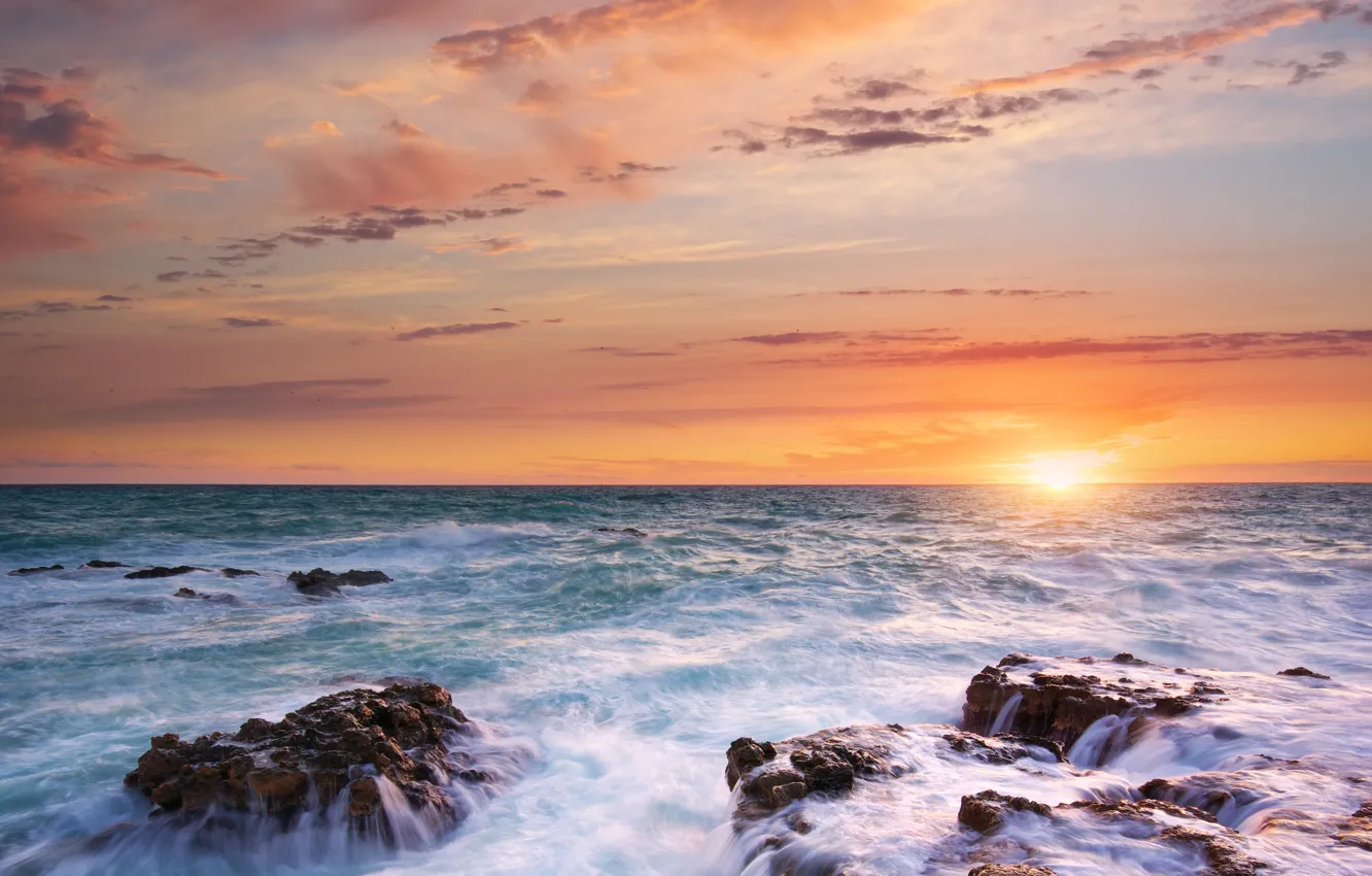 Photo wallpaper sea, the sun, clouds, sunset, stones