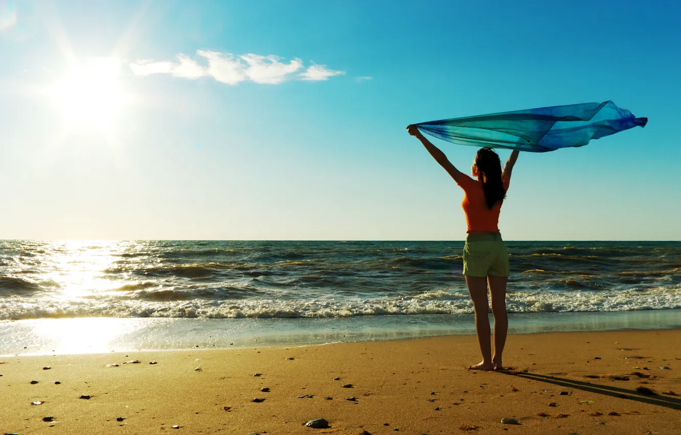 Photo wallpaper sand, sea, beach, freedom, water, the sun, joy, girls