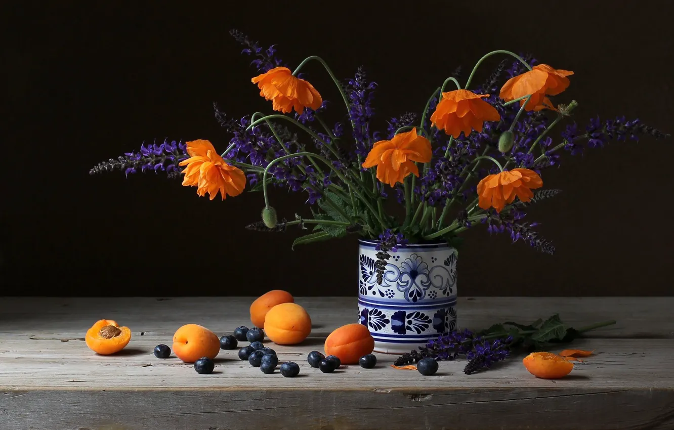 Photo wallpaper flowers, the dark background, Maki, bouquet, fruit, still life, apricots