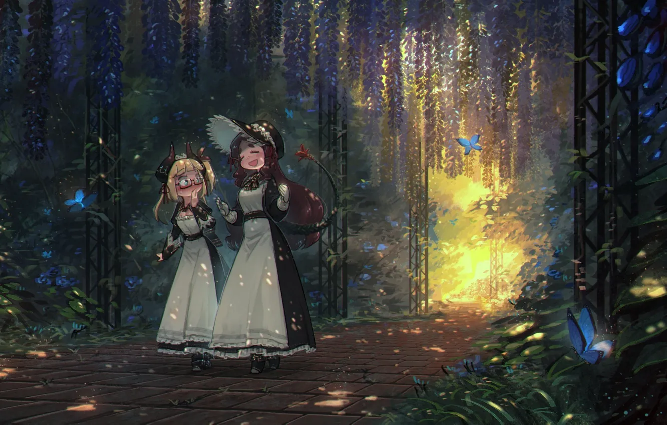 Photo wallpaper girl, butterfly, fantasy, tail, horns, the bushes, Wisteria, porforever