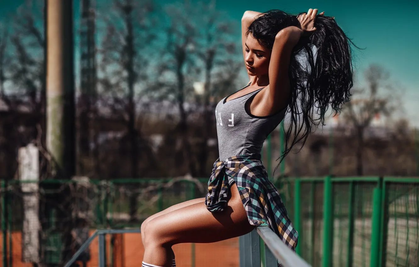 Photo wallpaper girl, shirt, sitting, Victor Ambartsumov