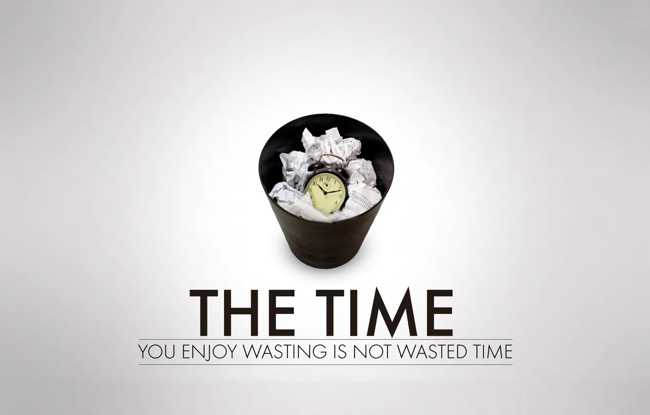 Photo wallpaper Time, Watch, Basket, The inscription, Garbage, Time, Alarm clock, Grey background