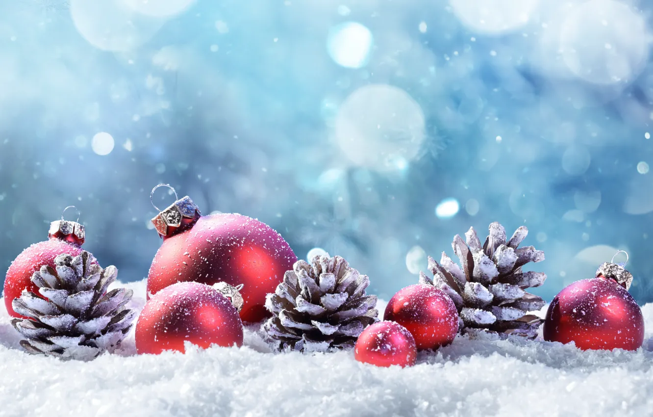 Photo wallpaper winter, snow, decoration, balls, tree, New Year, Christmas, happy