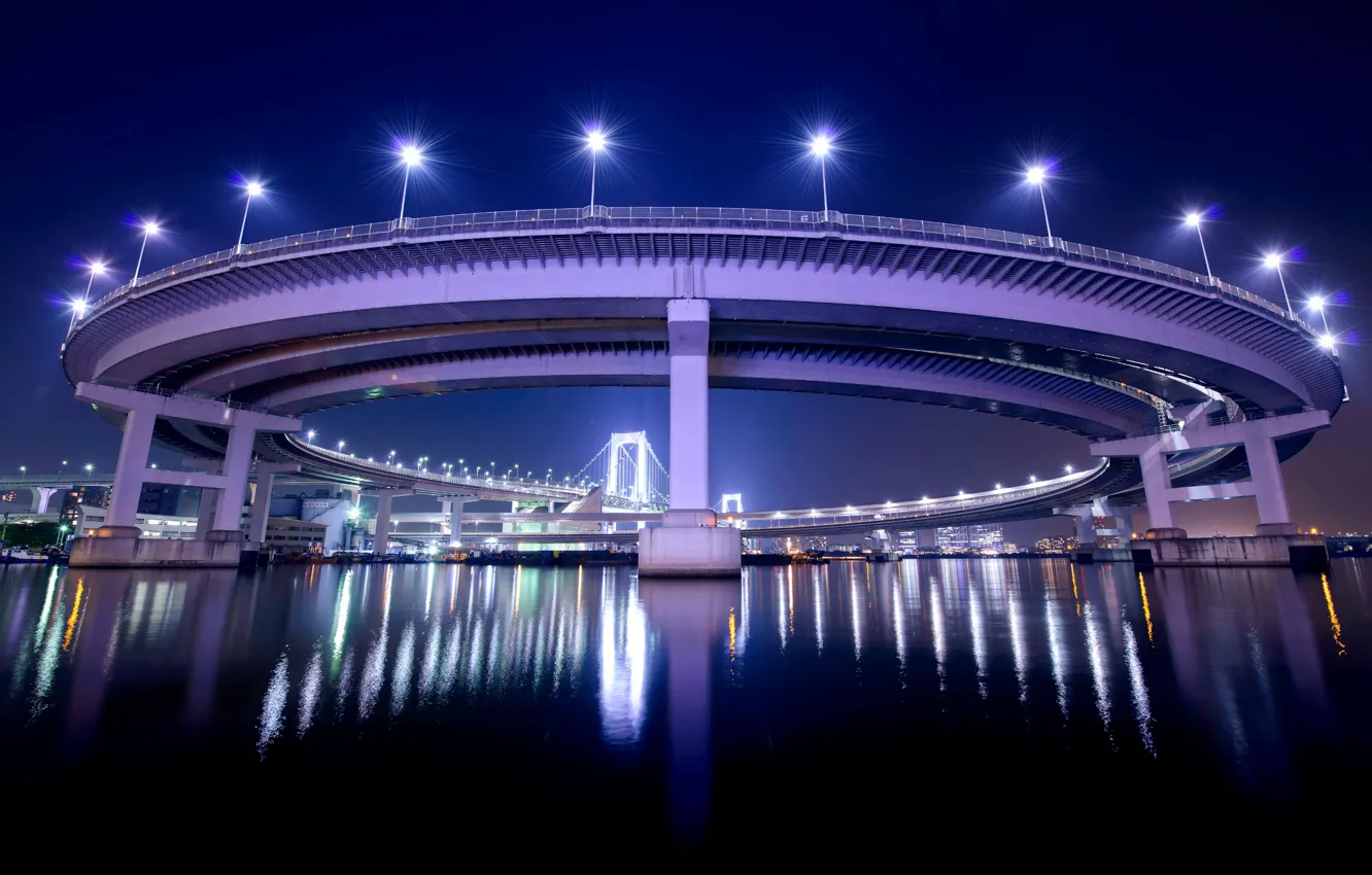 Photo wallpaper night, bridge, lights, reflection, Japan, backlight, Tokyo, lights