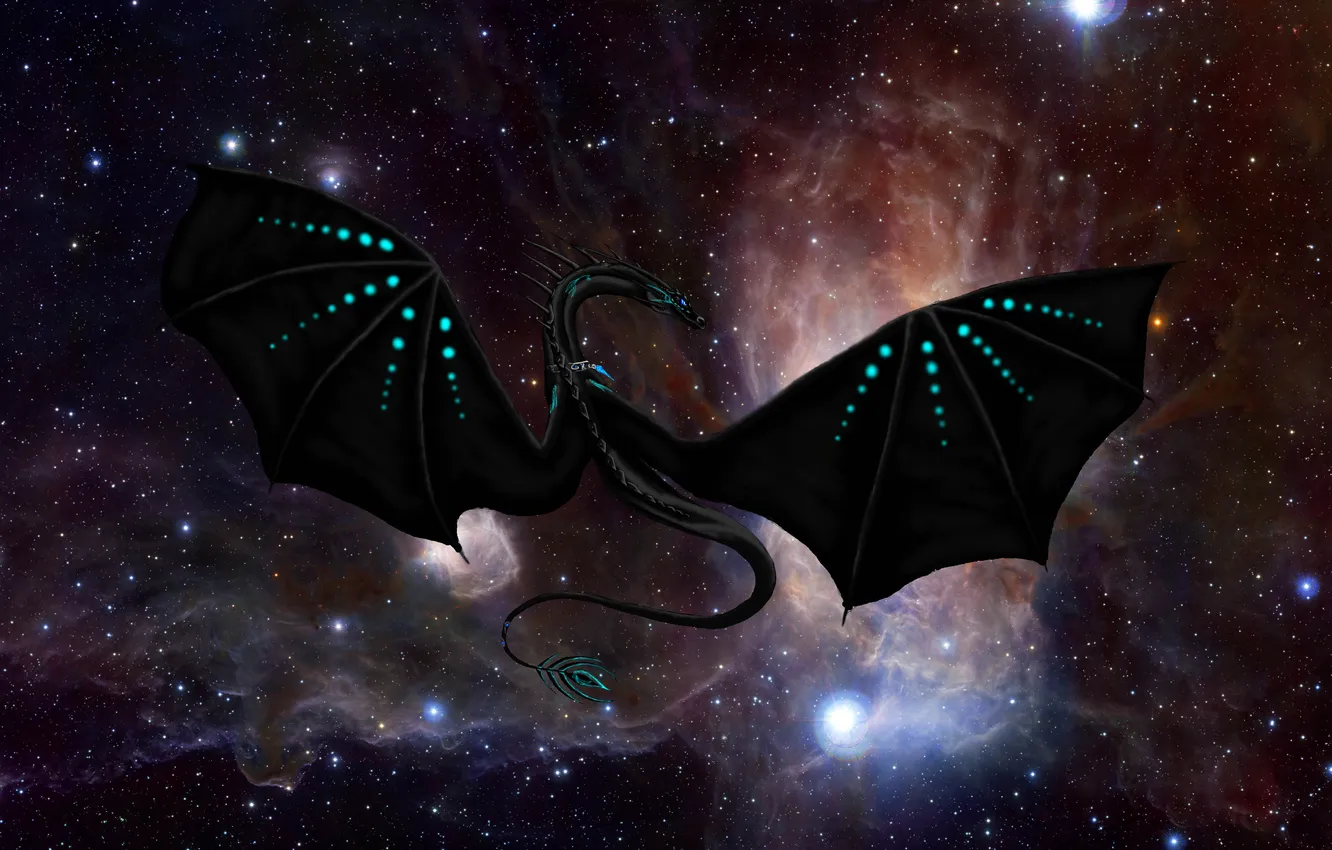 Photo wallpaper space, stars, flight, fiction, dragon, wings, the milky way