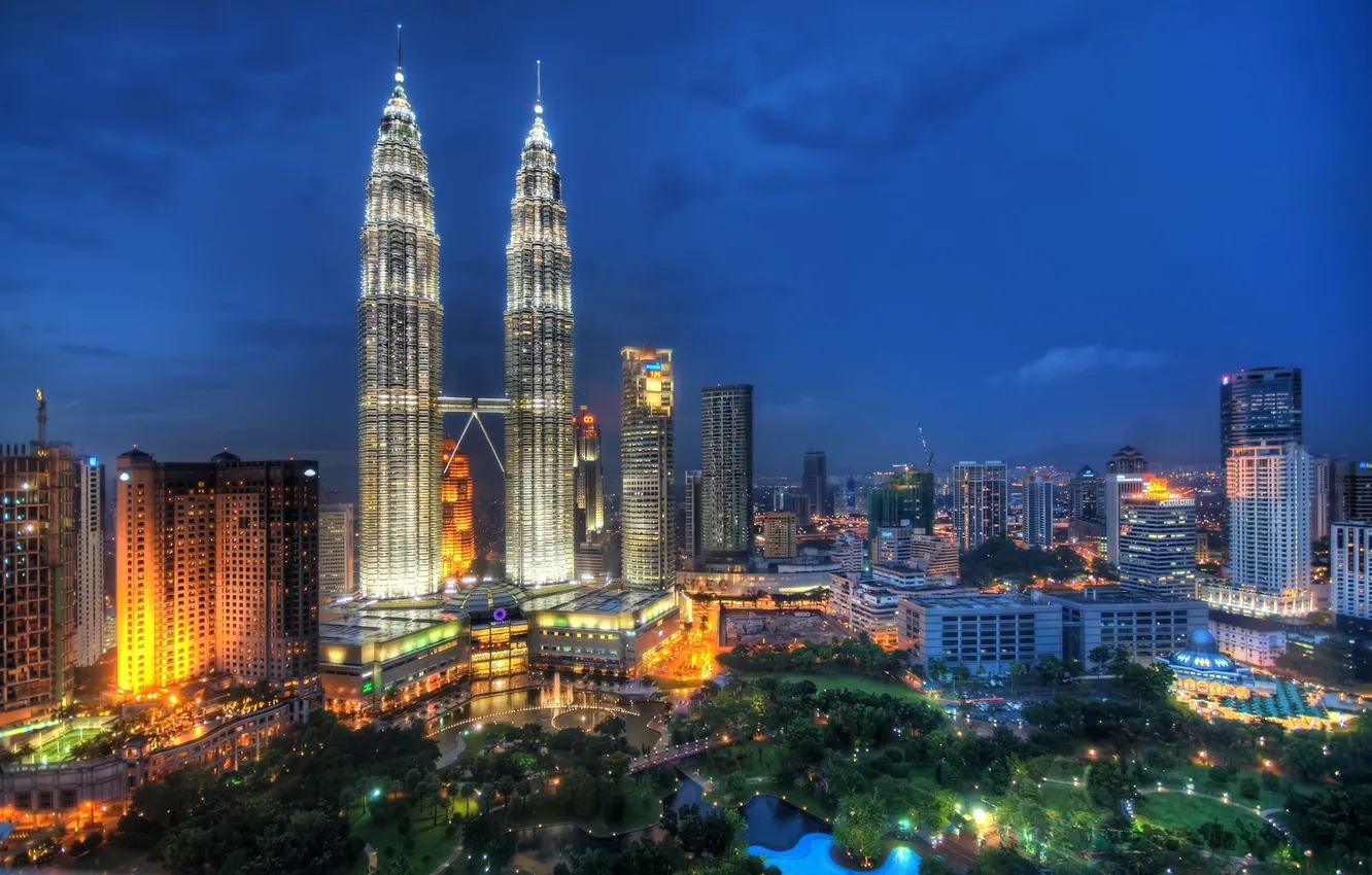 Photo wallpaper night, lights, Malaysia, Flying Through the Night Skies of Kuala Lumpur