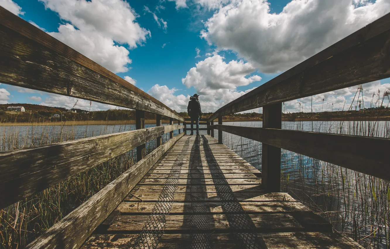 Photo wallpaper the sky, clouds, lake, back, shadow, stem, village, pierce