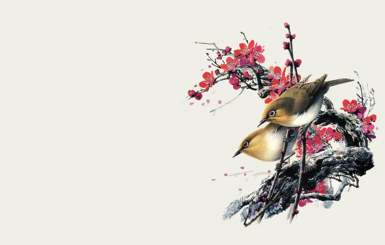 Photo wallpaper flowers, branches, bird, figure, watercolor