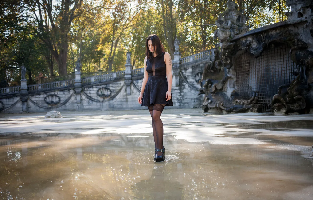 Photo wallpaper the city, street, stockings, dress, puddle, brunette