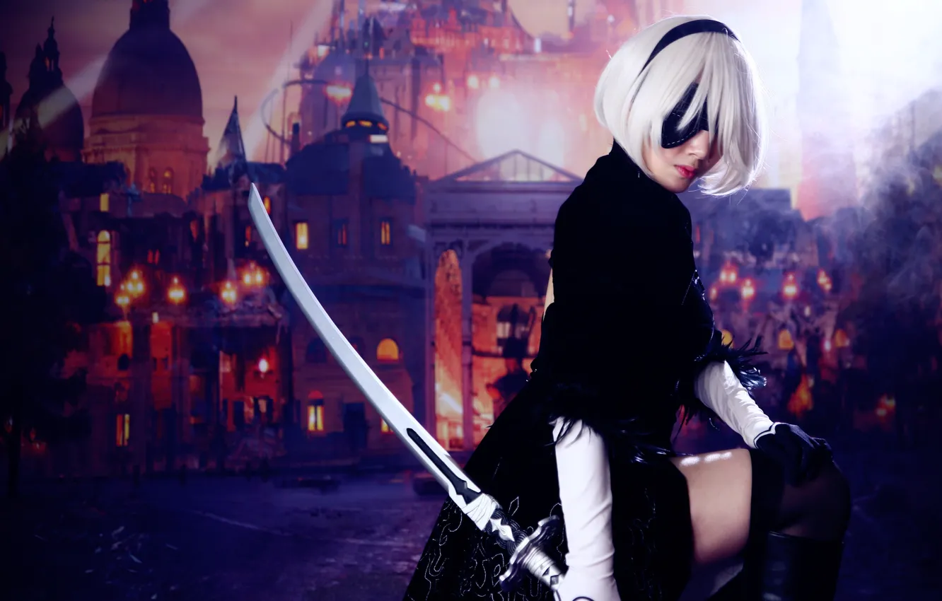 Photo wallpaper girl, style, hair, sword, costume