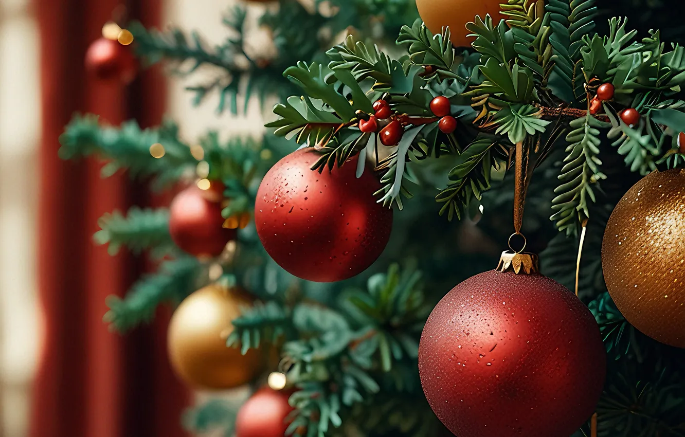 Photo wallpaper holiday, balls, tree, Christmas toys