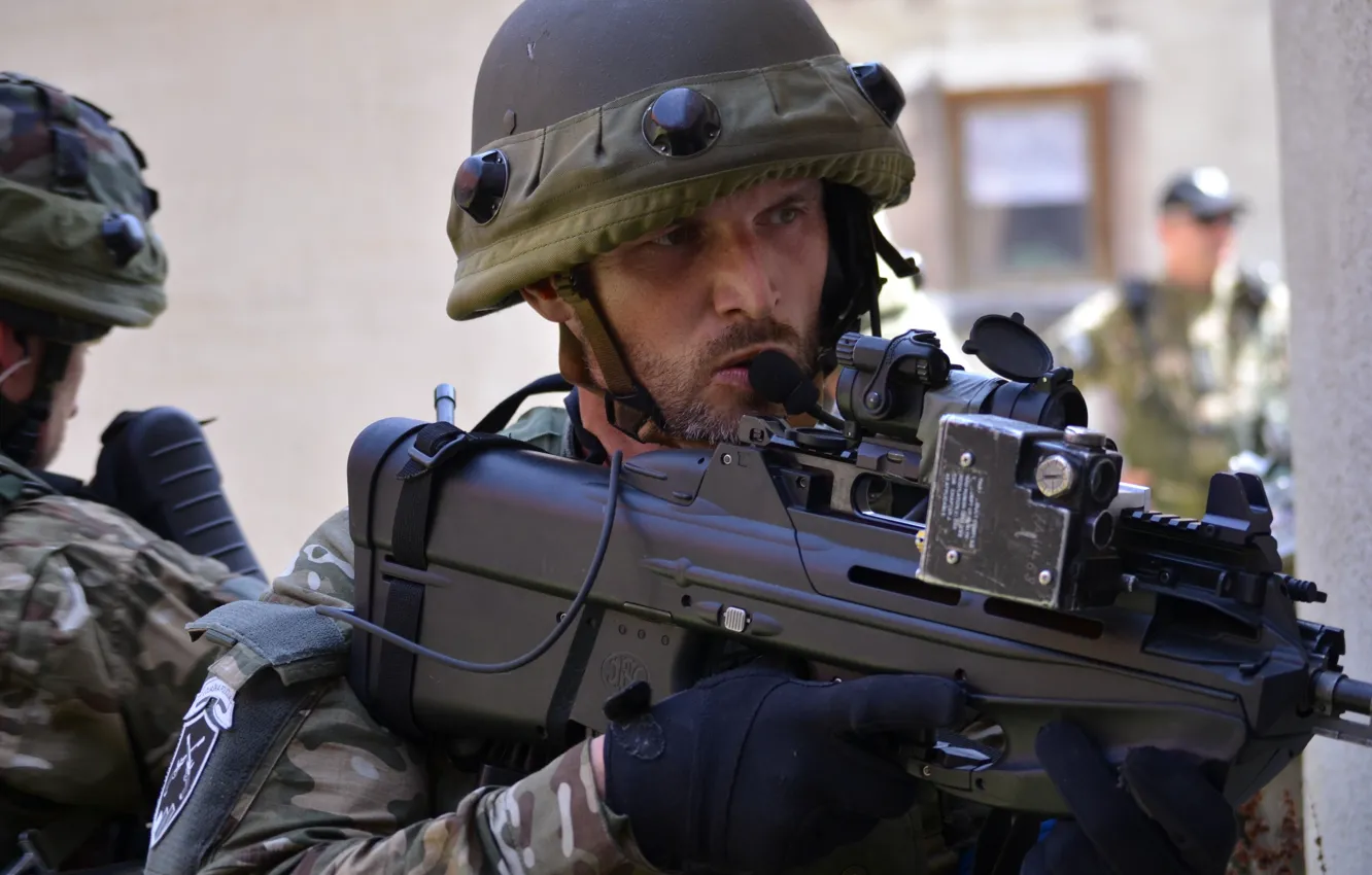 Photo wallpaper gun, soldier, military, weapon, police, man, rifle, gloves