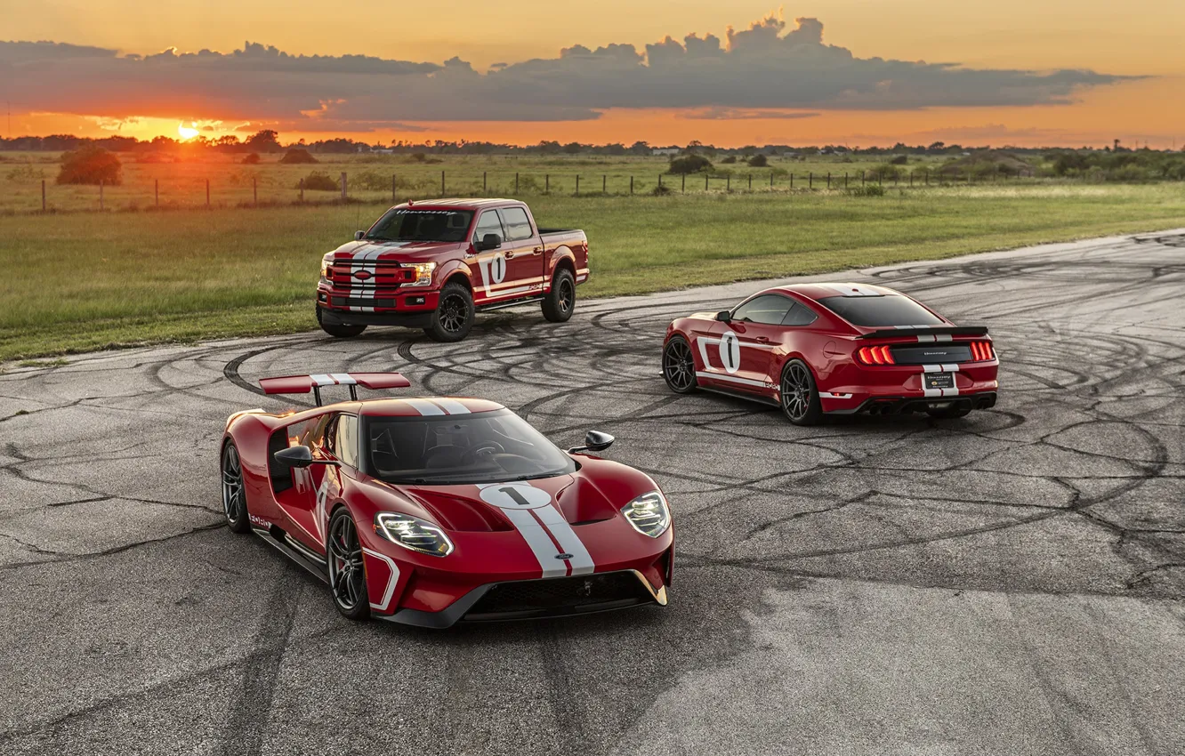 Photo wallpaper sunset, Mustang, Ford, Ford GT, 2018, F-150, Hennessey, Heritage Edition