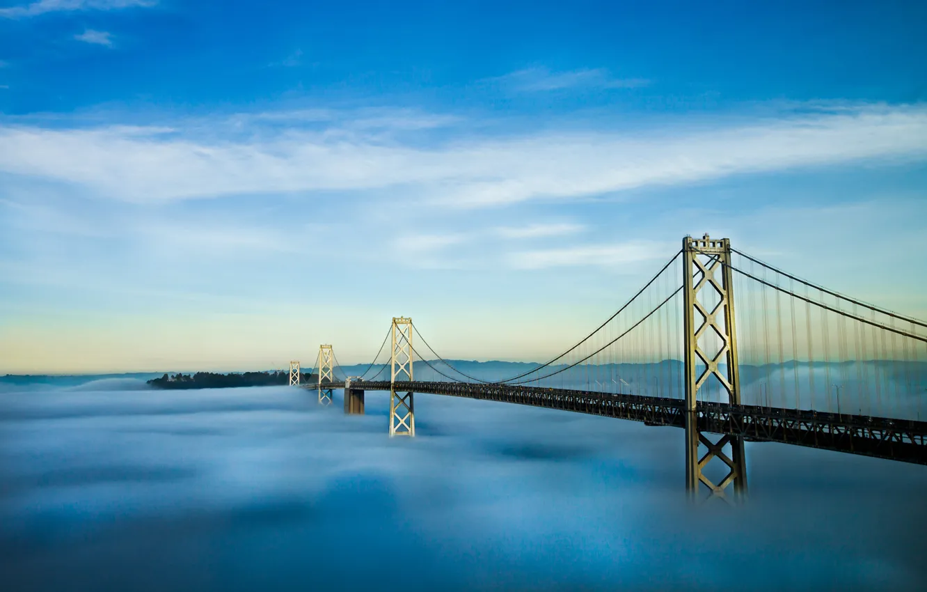 Photo wallpaper clouds, bridge, the city, fog, San Francisco, USA, USA, America