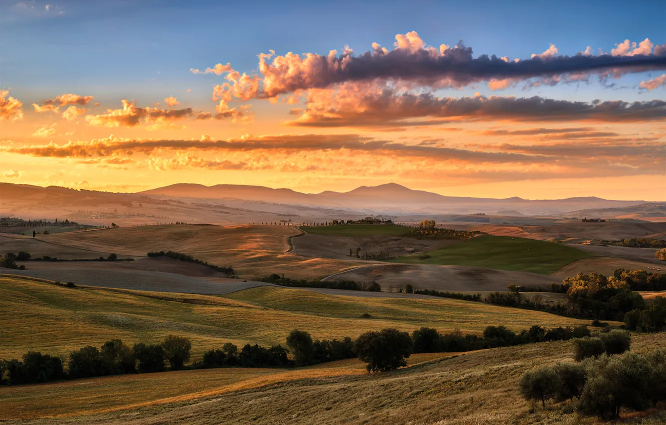 Photo wallpaper summer, the sky, clouds, light, field, Italy, Tuscany, August