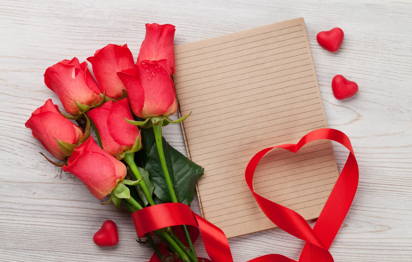 Photo wallpaper love, flowers, gift, romance, heart, roses, tape, love