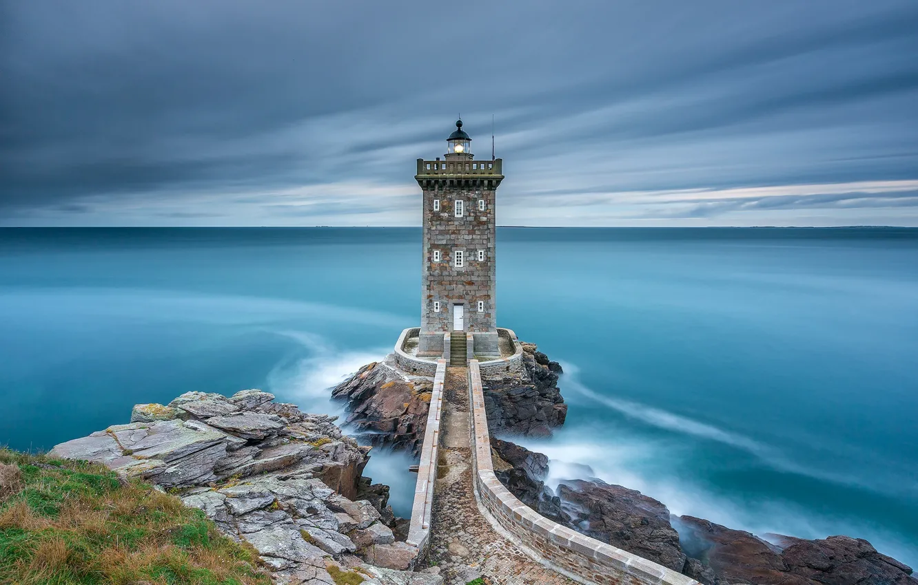 Photo wallpaper sea, landscape, bridge, lighthouse, the breakwater