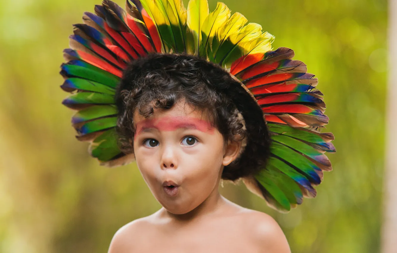 Photo wallpaper portrait, coloring, Indian, blurred background, headdress, Indian, portrait, blurred background