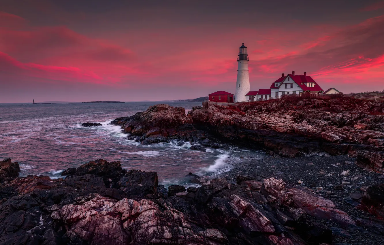 Photo wallpaper home, stones, surf, shore, sunset sky, Portland, sea, wave