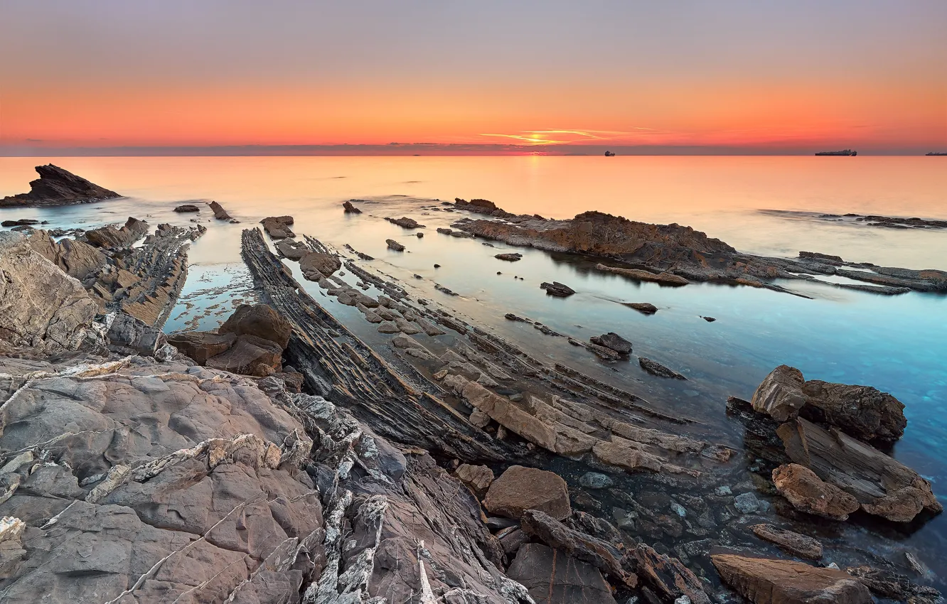 Photo wallpaper sea, the sky, landscape, sunset, nature, stones, shore, coast