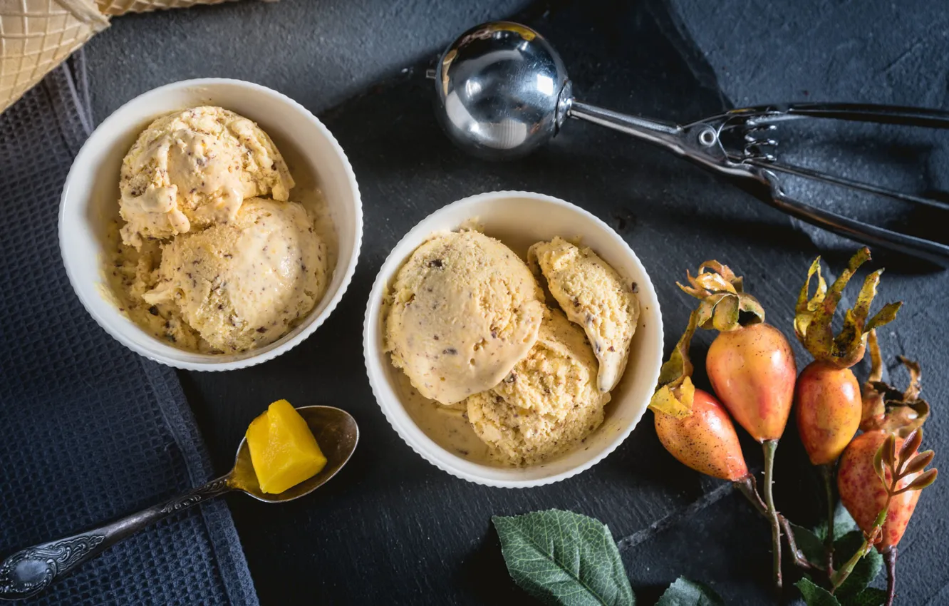 Photo wallpaper the dark background, table, fruit, briar, spoon, ice cream, napkin, bowl