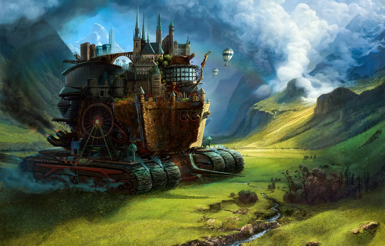Photo wallpaper forest, mountains, the city, fiction, art, Mortal Engines, Chronicles of prey cities