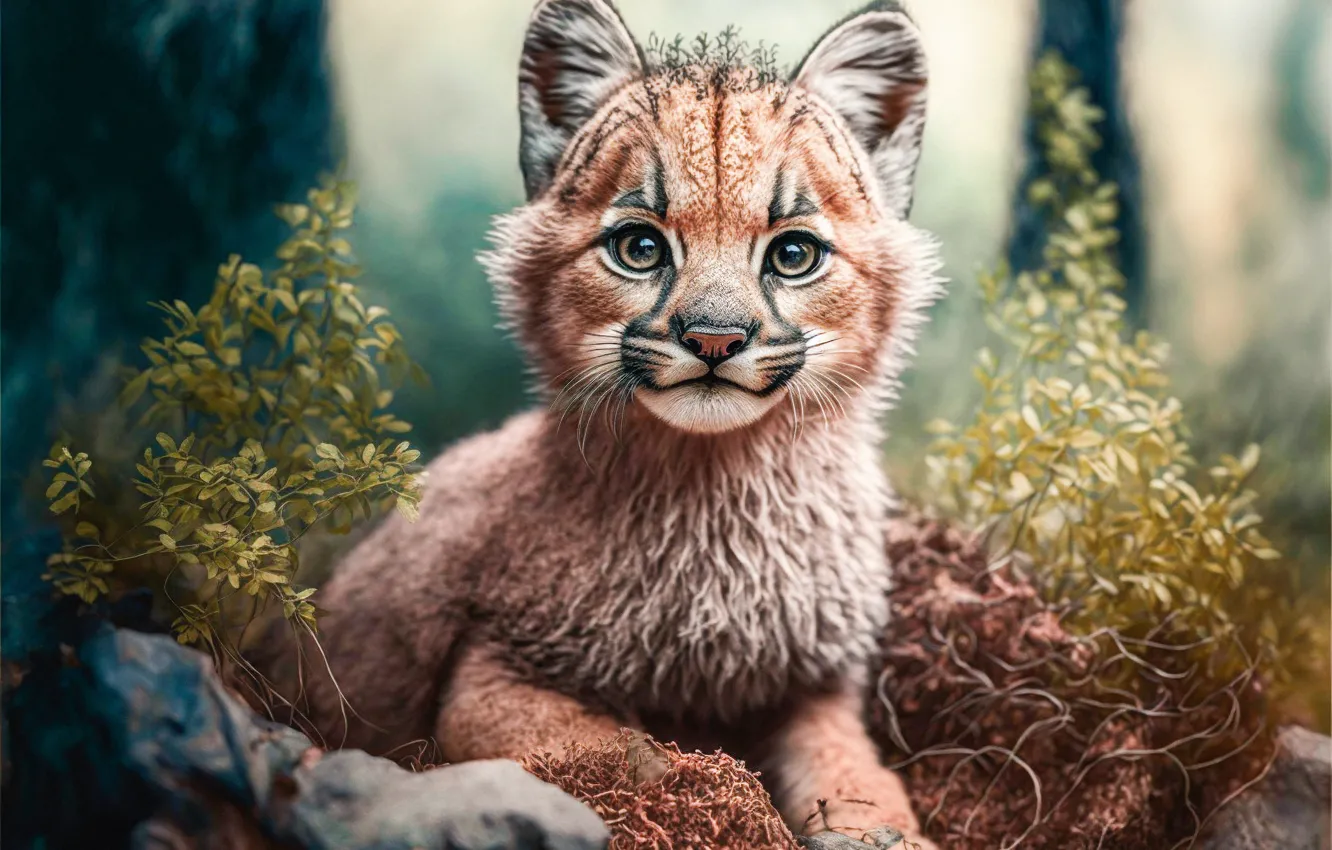 Photo wallpaper forest, nature, rendering, graphics, animal, baby, cub, lynx