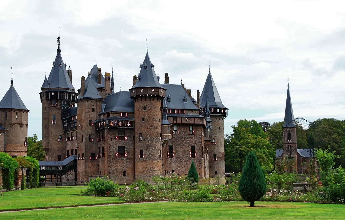 Photo wallpaper greens, grass, clouds, trees, flowers, castle, lawn, garden