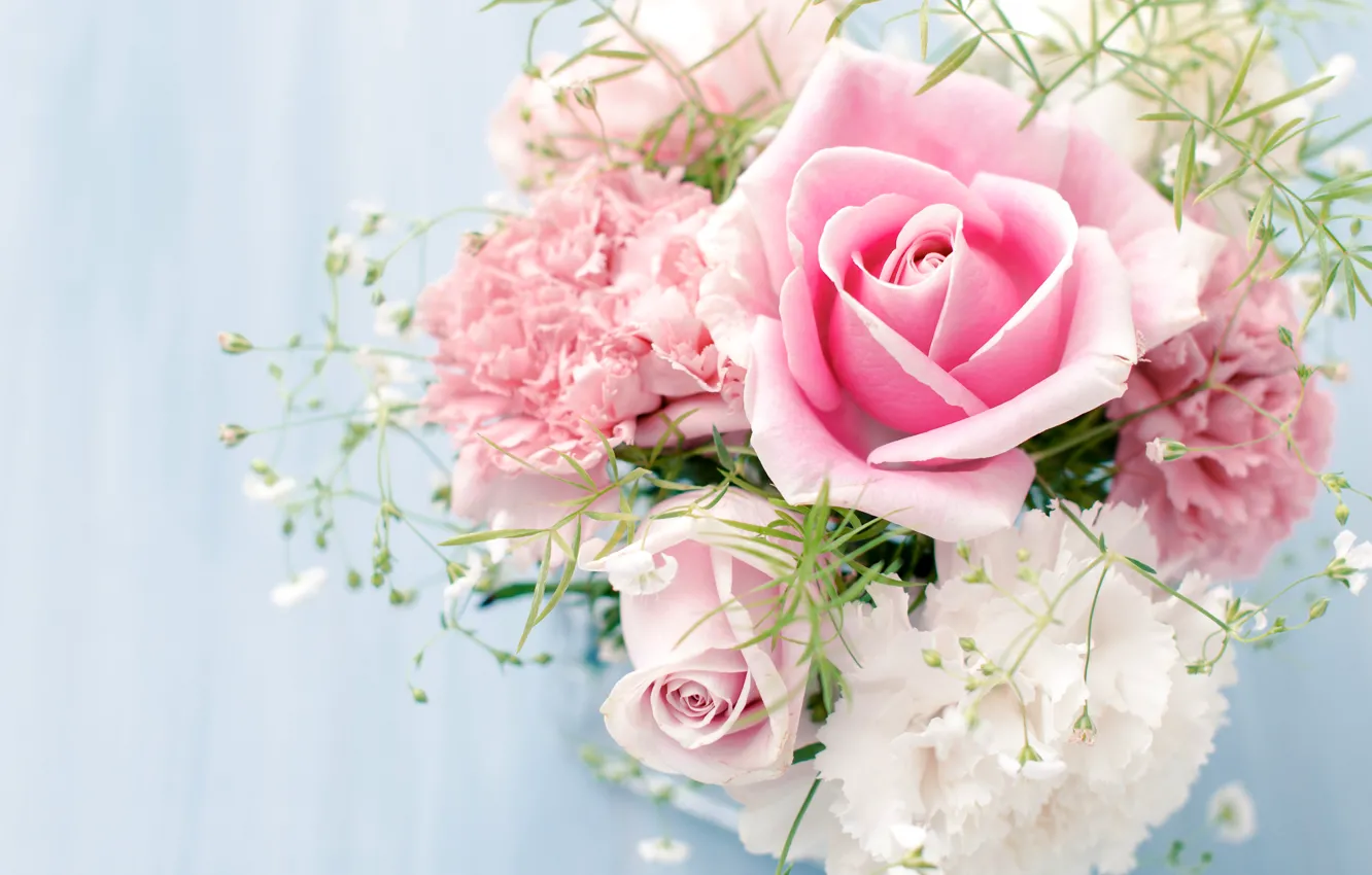 Photo wallpaper flowers, roses, bouquet, pink, white, clove