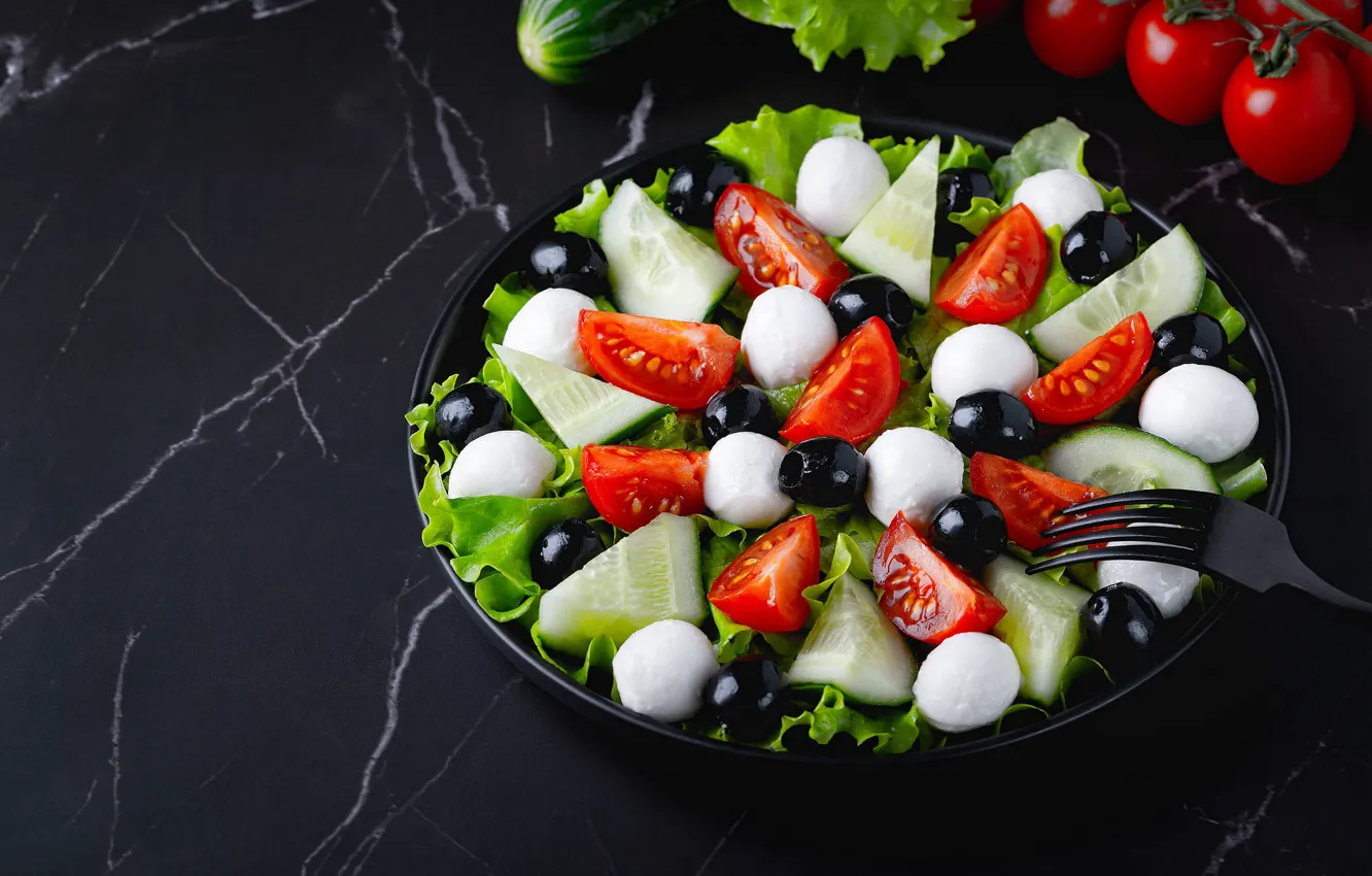 Photo wallpaper cheese, bowl, plug, black background, vegetables, tomatoes, slices, delicious