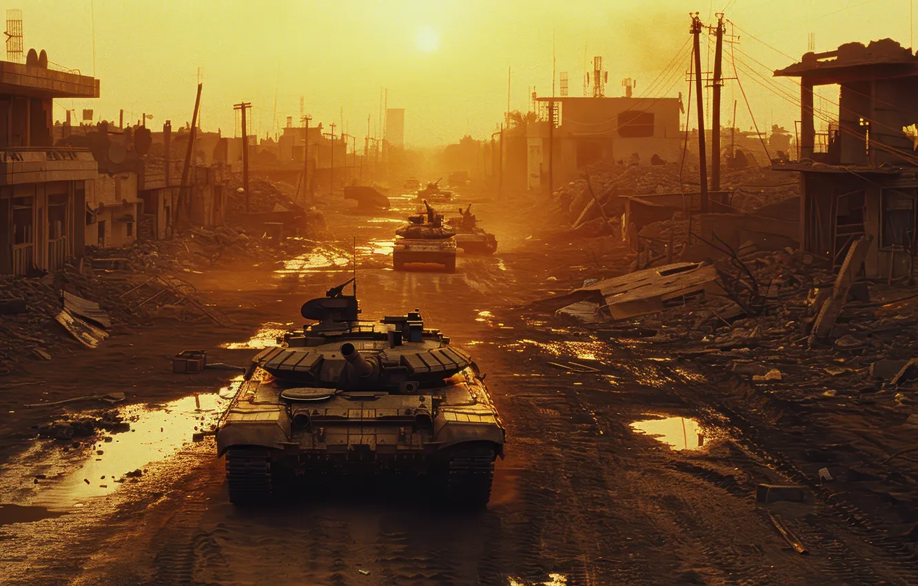 Photo wallpaper road, the sun, the city, dawn, home, tank, ruins, digital art