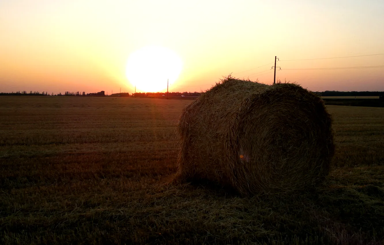 Photo wallpaper field, summer, sunset, the evening, hay, bale