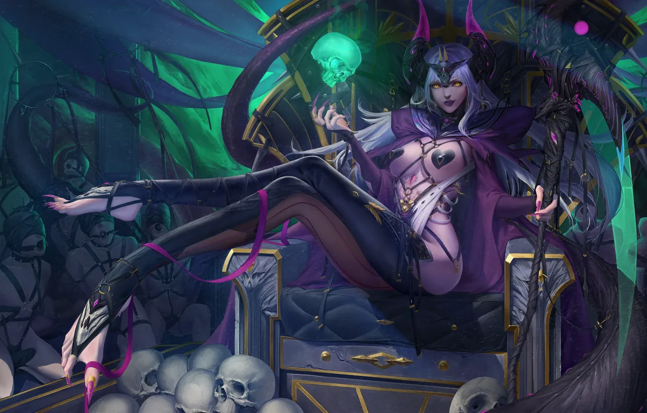 Photo wallpaper girl, fiction, magic, skull, figure, the demon, horns, demon