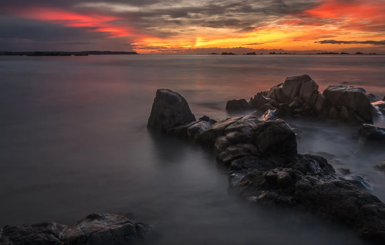 Photo wallpaper sea, the sky, landscape, sunset, nature, stones, rocks, shore
