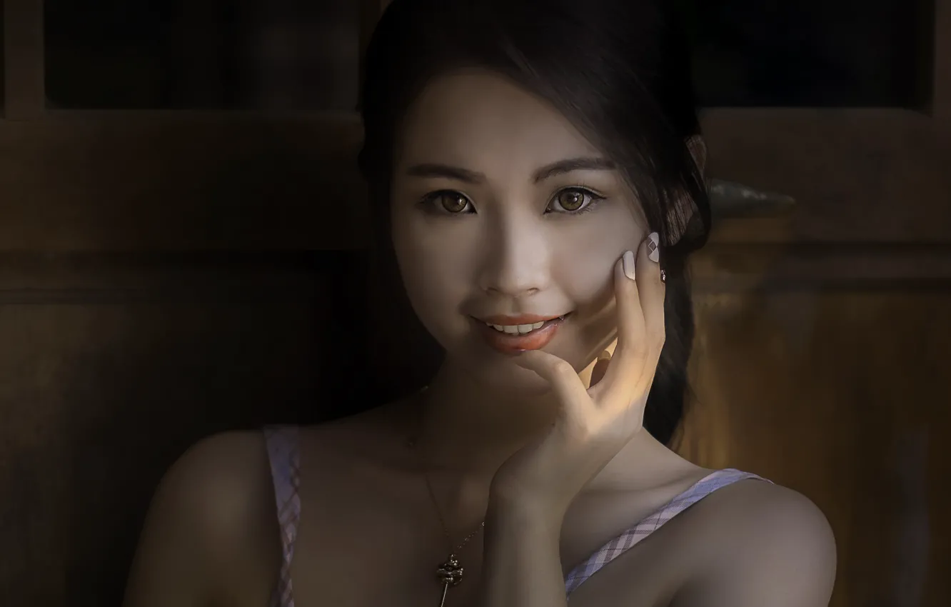 Photo wallpaper girl, smile, portrait, brunette, Asian, manicure, Arnie Chou