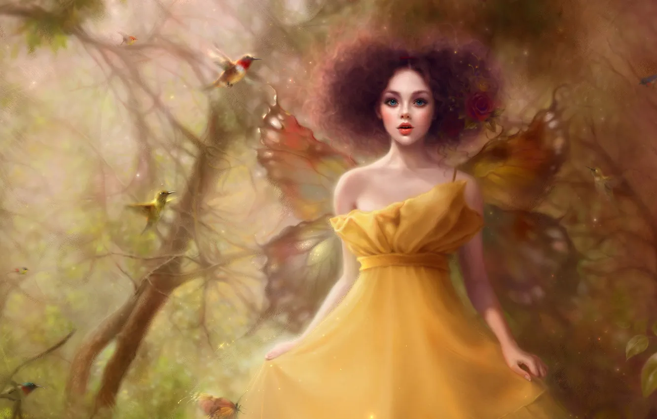 Photo wallpaper girl, birds, wings, fantasy, magic forest