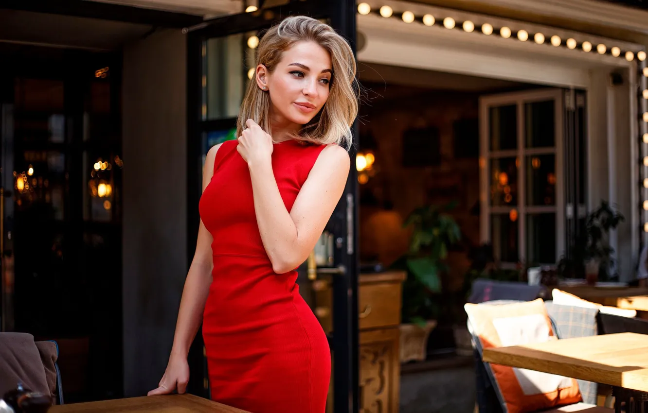Photo wallpaper model, dress, blonde, restaurant, red dress, the girl in the red