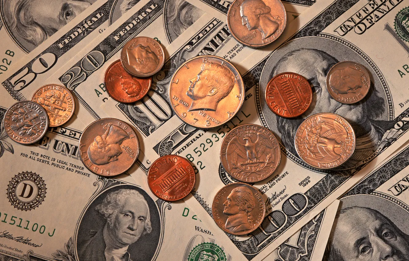 Photo wallpaper Eagle, Benjamin Franklin, Washington, money, dollars, coins