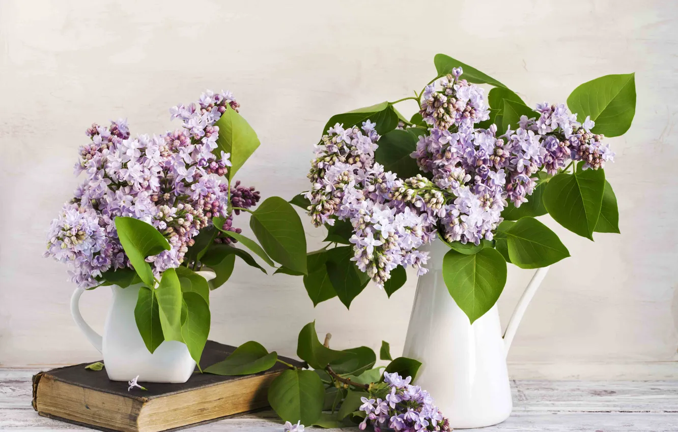 Photo wallpaper flowers, branches, book, pitcher, lilac