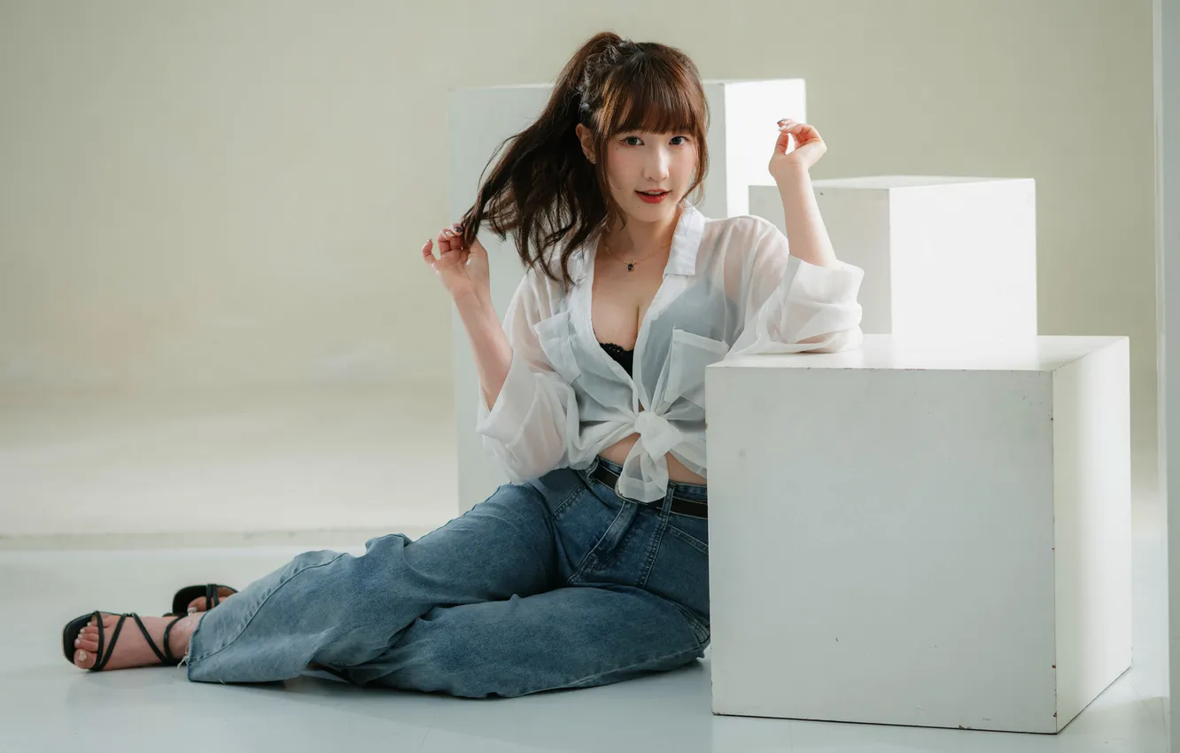 Photo wallpaper girl, jeans, blouse, Asian