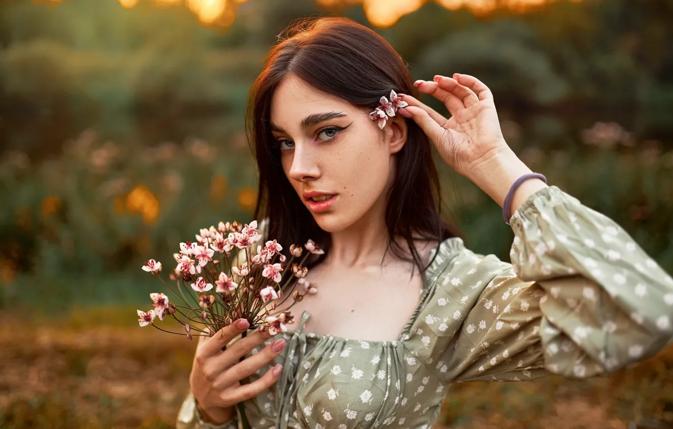 Photo wallpaper look, girl, flowers, face, pose, photo, background, hair